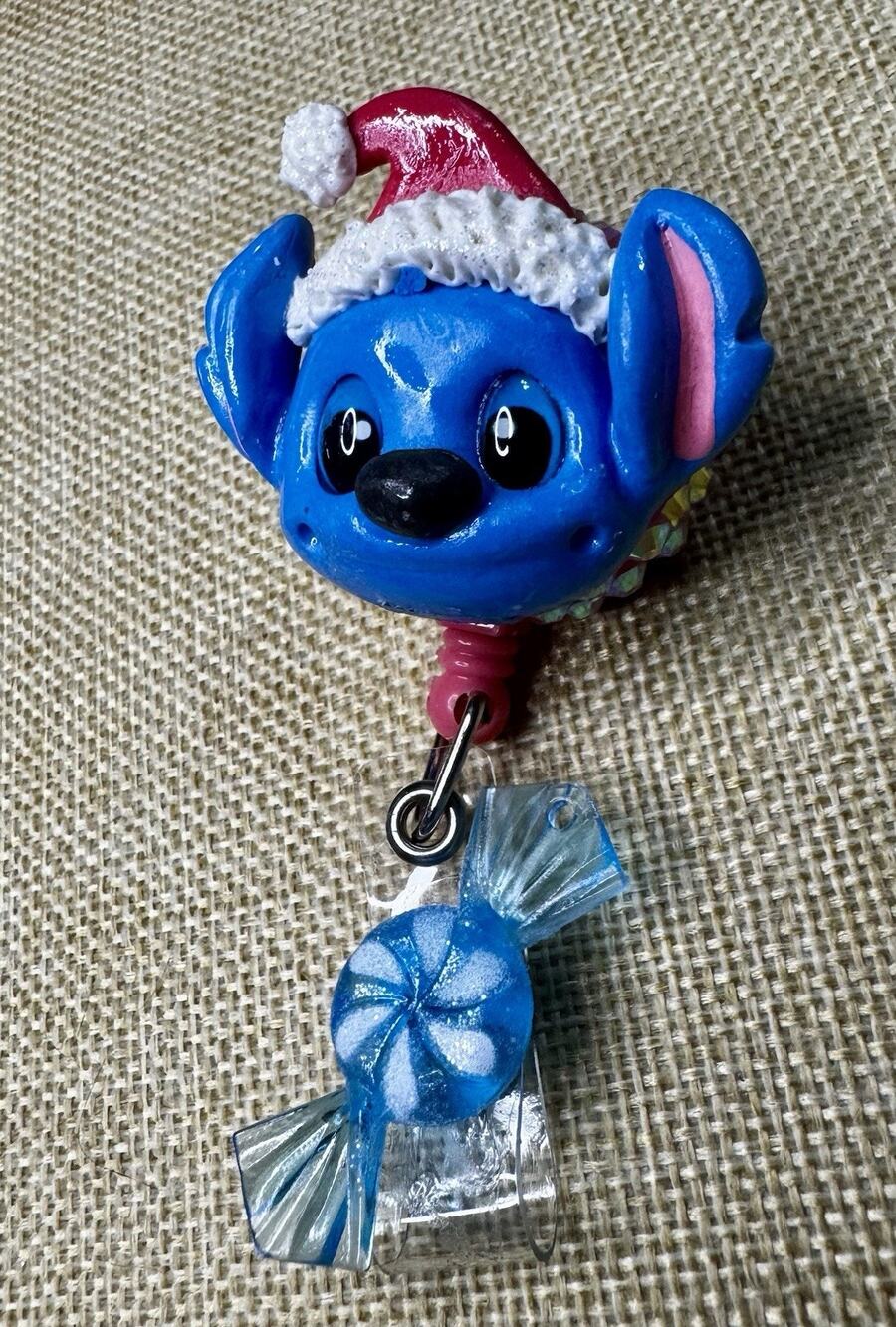 Stitch Christmas Retractable Badge Reel With Pink Rinestones, Alligator Clip